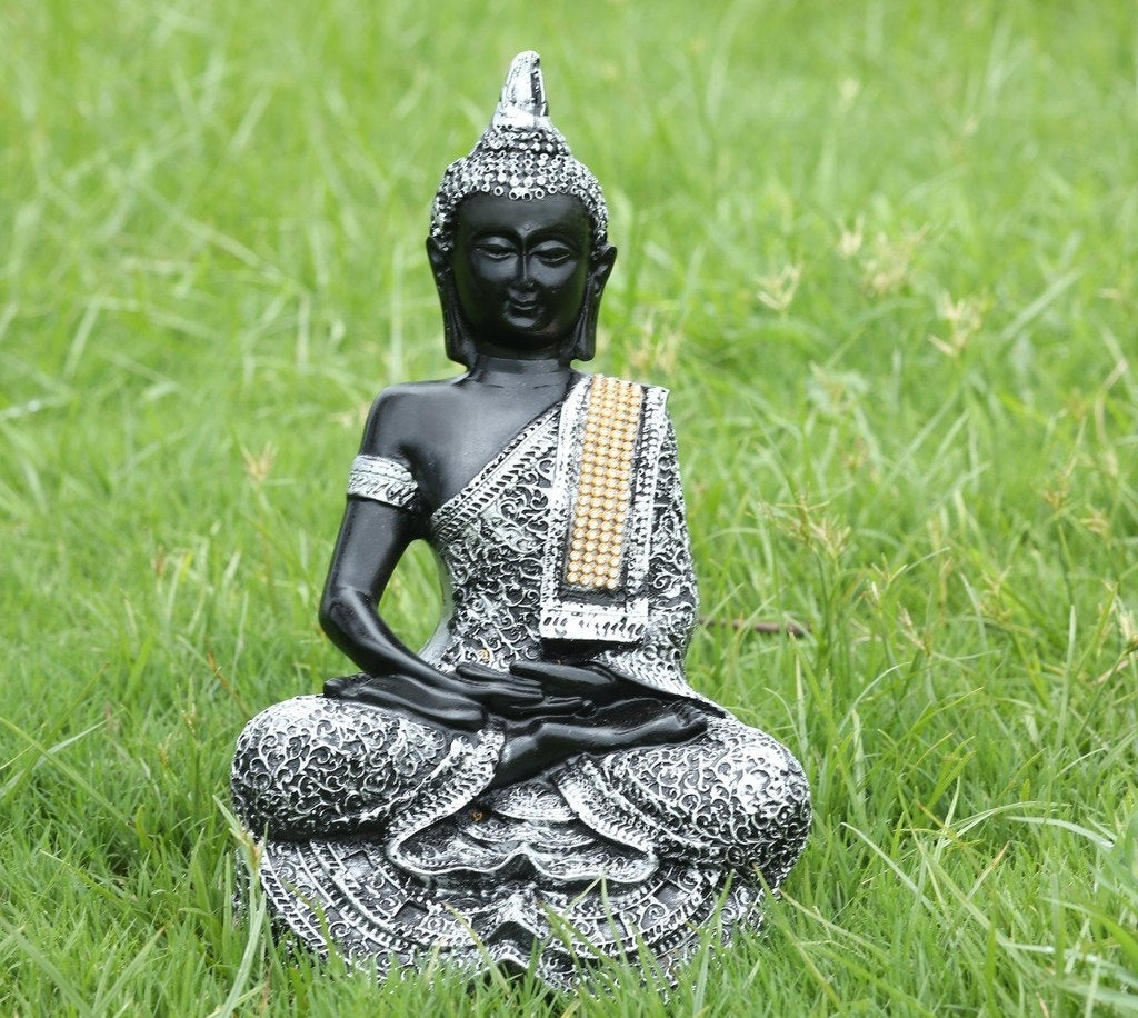 Handcrafted Decorative Meditating Buddha (Size - 25CmxSilver and BlackxPolyresin), 1 Lord Buddha Idol Kafalo