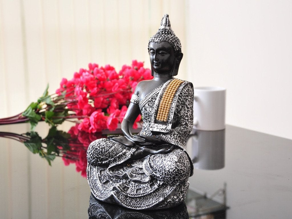 Handcrafted Decorative Meditating Buddha (Size - 25CmxSilver and BlackxPolyresin), 1 Lord Buddha Idol Kafalo
