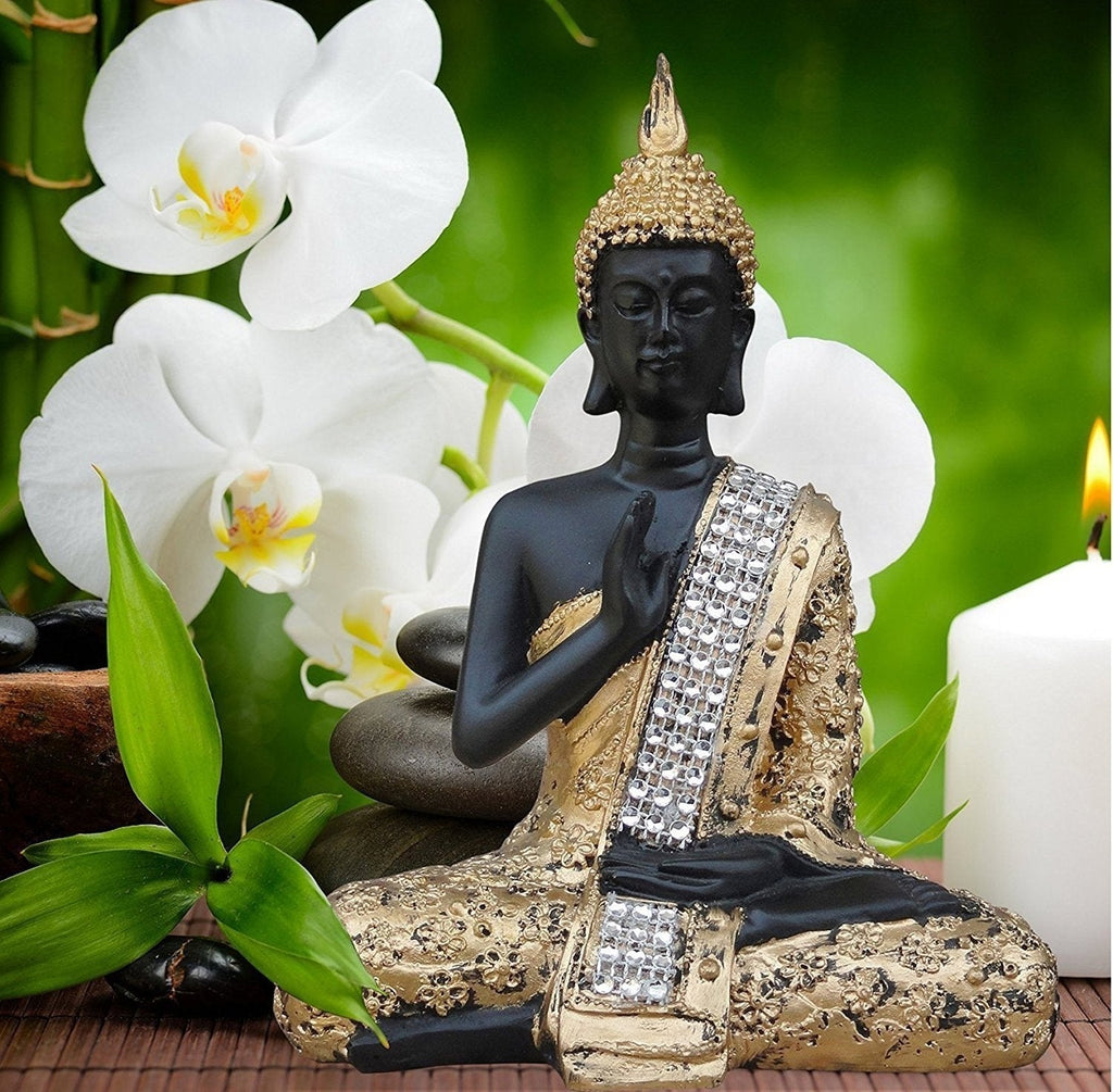Handcrafted Decorative Meditating Buddha (Size - 17CmxGolden and BlackxPolyresin), 1 Lord Buddha Idol Kafalo