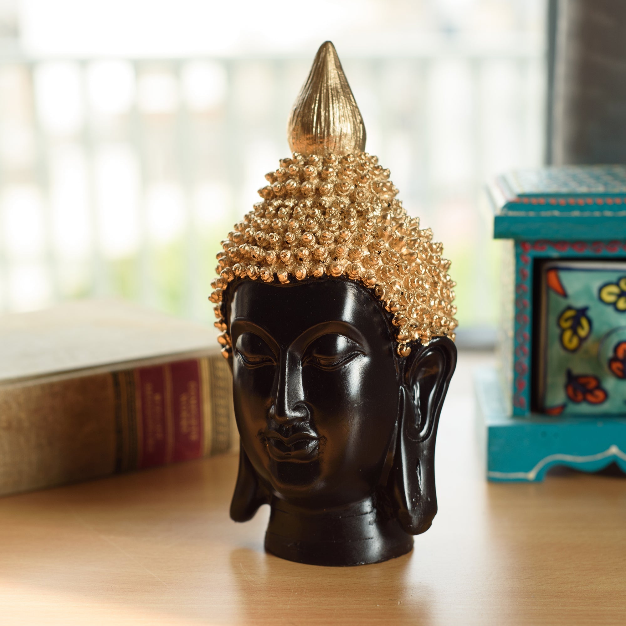 Polyresin Golden and Black Meditating Buddha Head Statue Kafalo