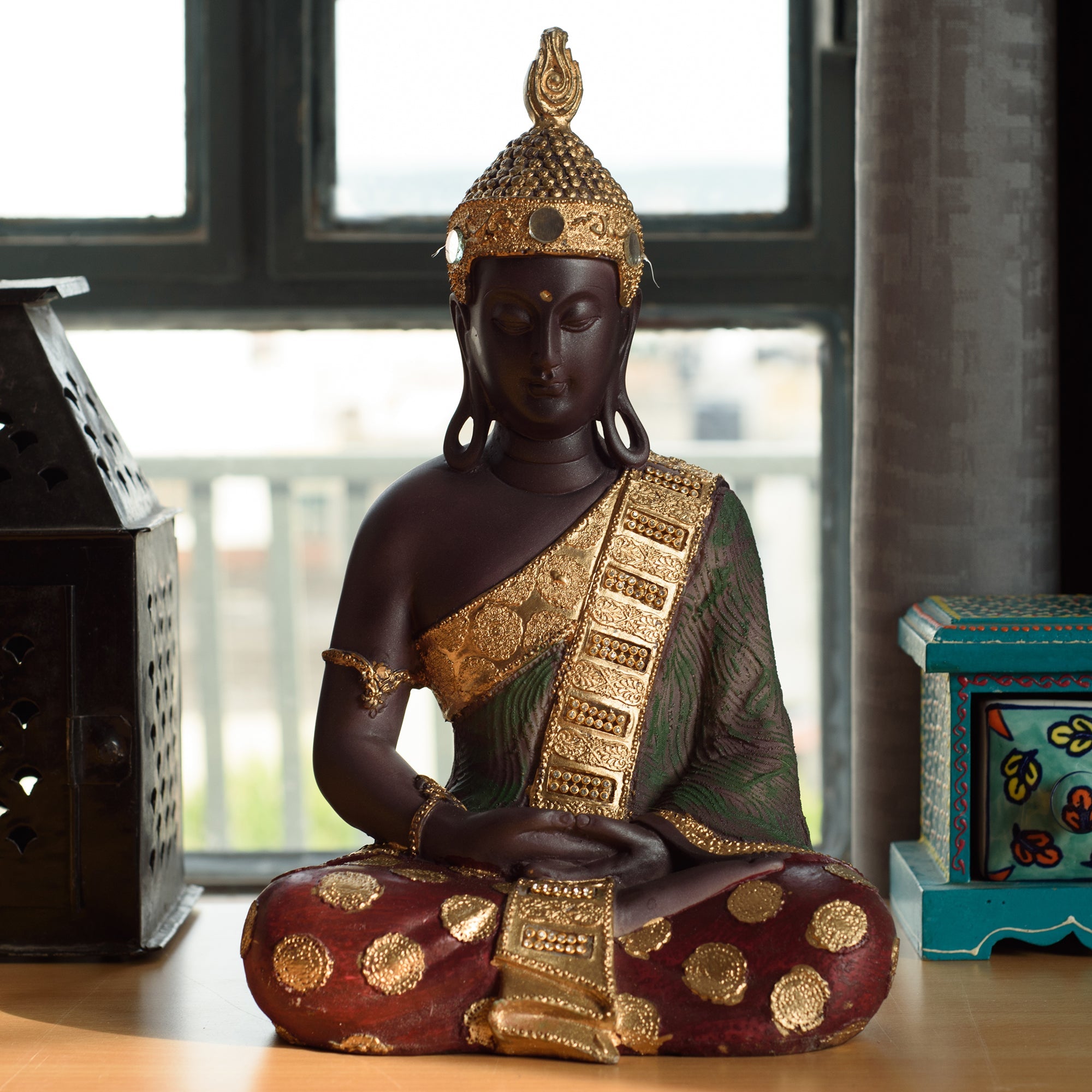 Polyresin Brown and Gold Handcrafted Meditating Buddha Statue Kafalo