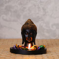 Decorative Black and Golden Buddha Head Statue with Wooden Base, Fragranced Petals and Tealight Kafalo