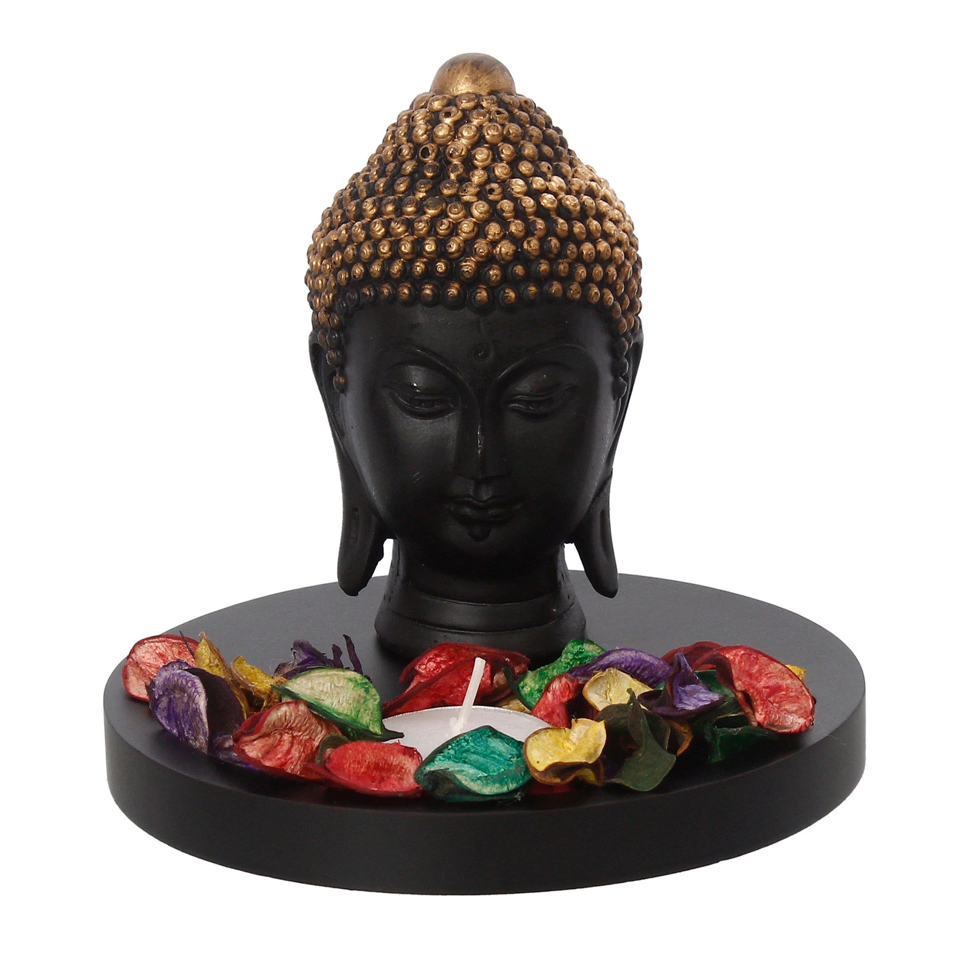 Decorative Black and Golden Buddha Head Statue with Wooden Base, Fragranced Petals and Tealight Kafalo
