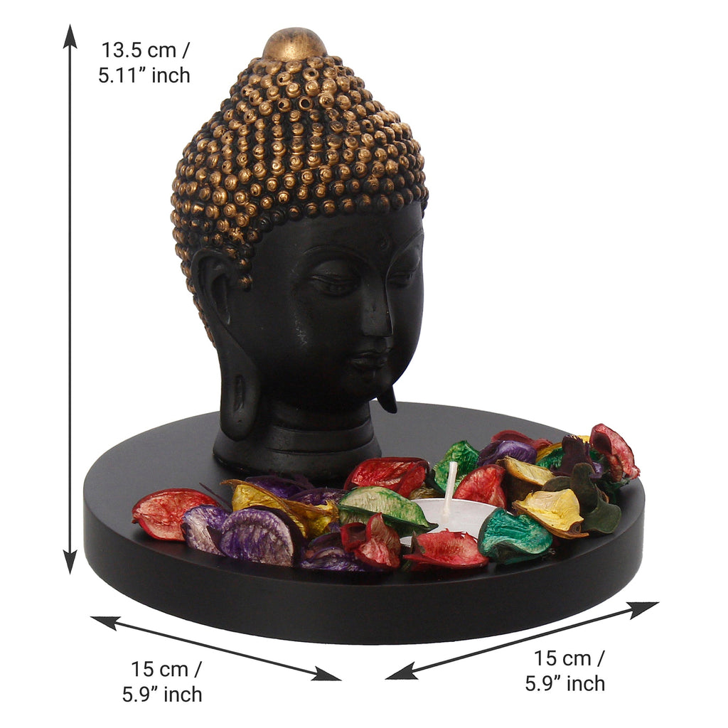 Decorative Black and Golden Buddha Head Statue with Wooden Base, Fragranced Petals and Tealight Kafalo