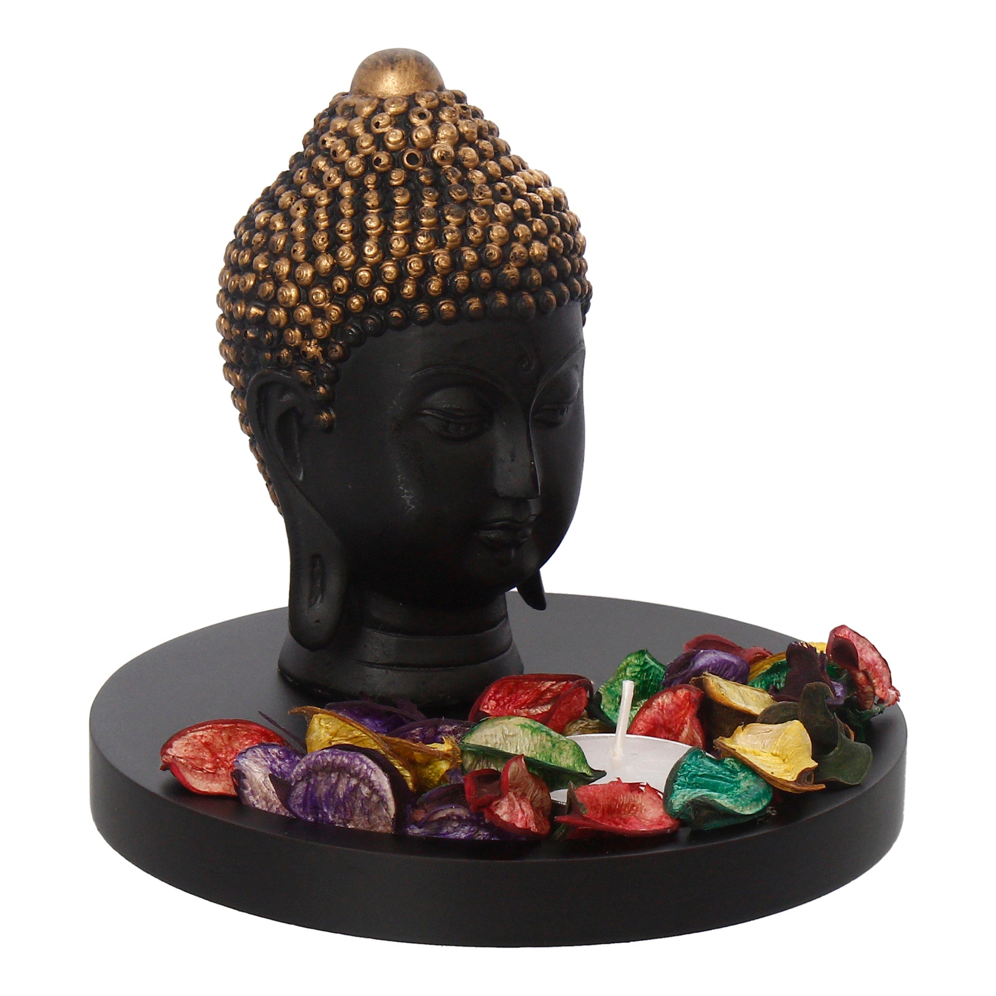 Decorative Black and Golden Buddha Head Statue with Wooden Base, Fragranced Petals and Tealight Kafalo
