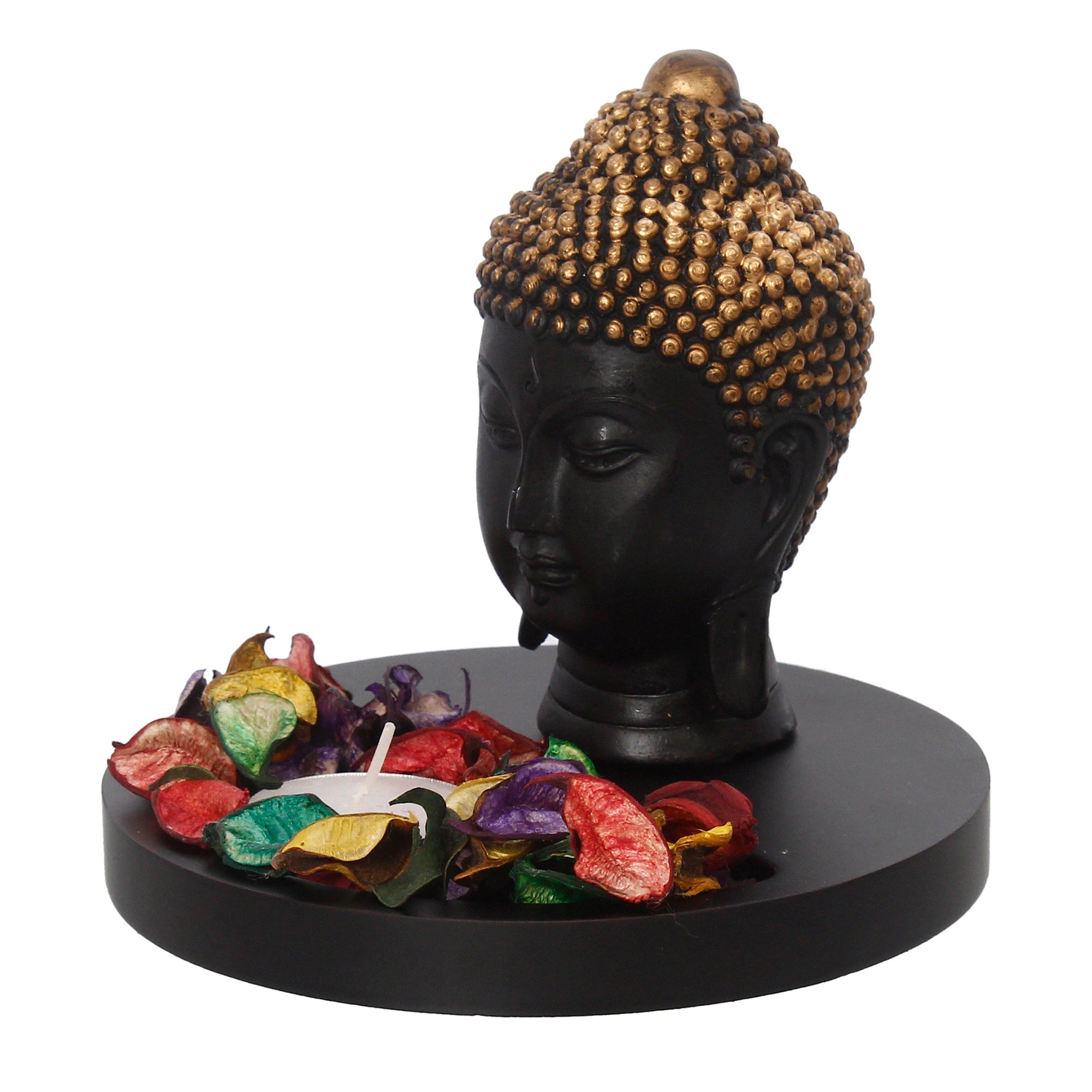 Decorative Black and Golden Buddha Head Statue with Wooden Base, Fragranced Petals and Tealight Kafalo