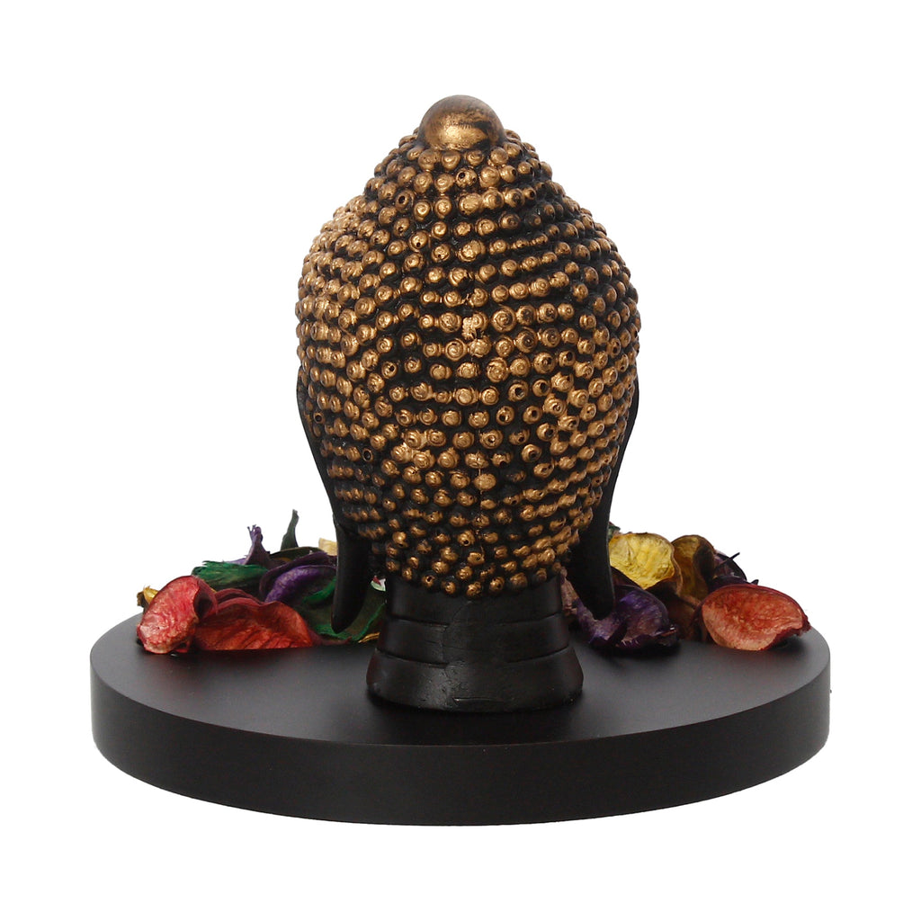 Decorative Black and Golden Buddha Head Statue with Wooden Base, Fragranced Petals and Tealight Kafalo