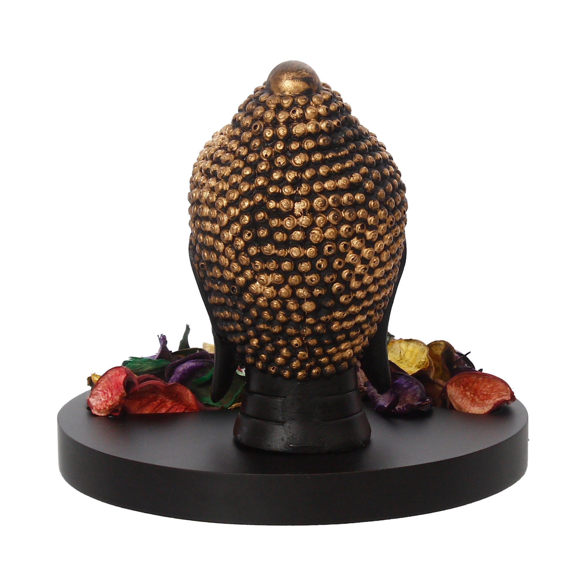 Decorative Black and Golden Buddha Head Statue with Wooden Base, Fragranced Petals and Tealight Kafalo