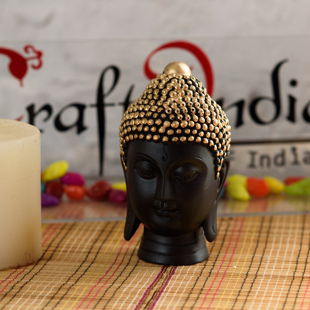 Polyresin Handcrafted Black And Golden Meditating Buddha Face Statue Kafalo