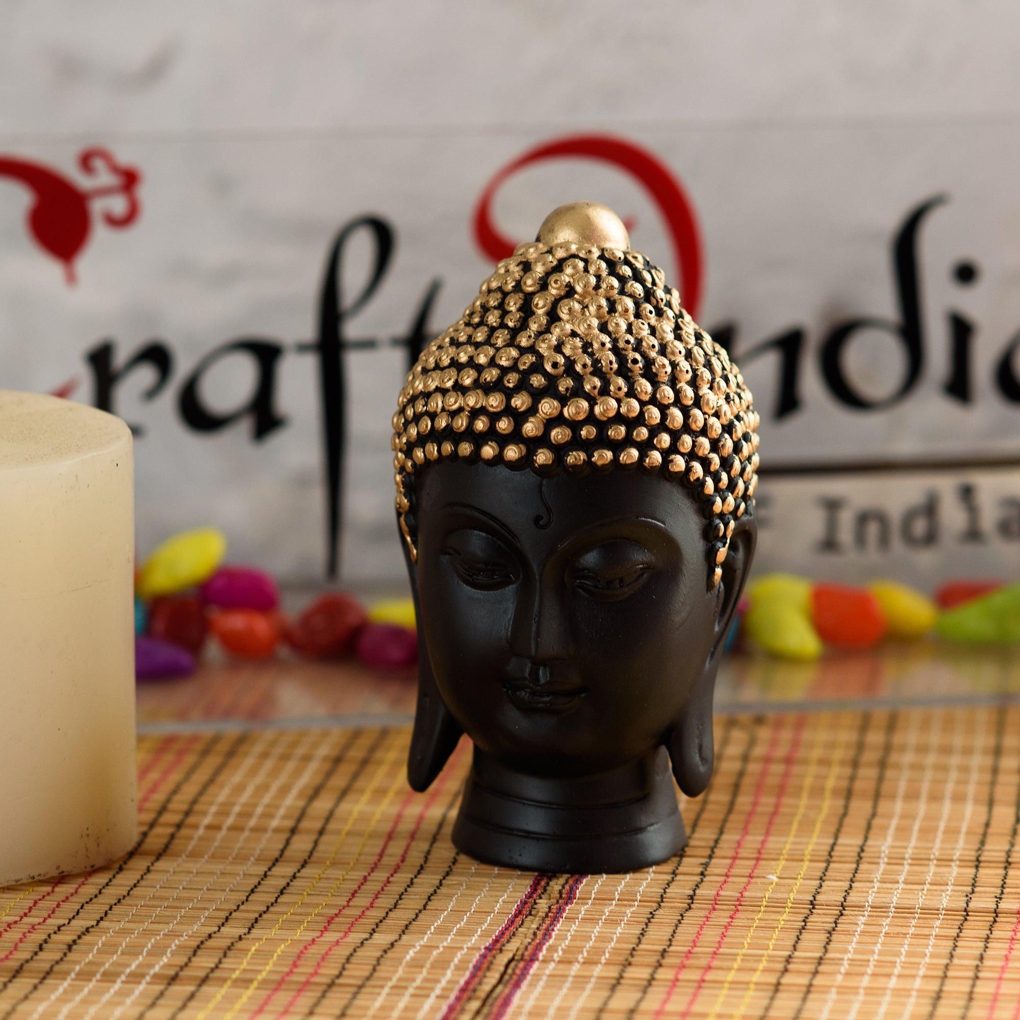 Polyresin Handcrafted Black And Golden Meditating Buddha Face Statue Kafalo