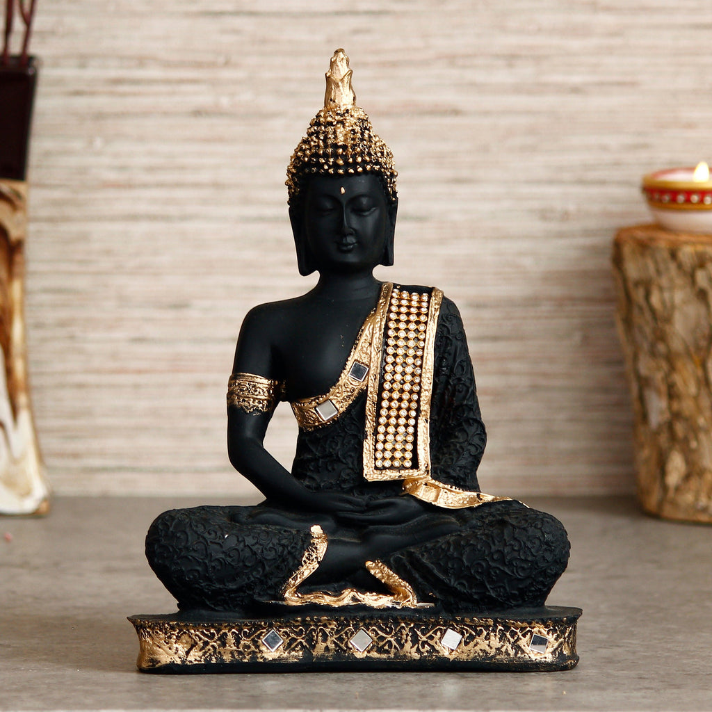 Polyresin Orange and Black Meditating Buddha Statue Kafalo