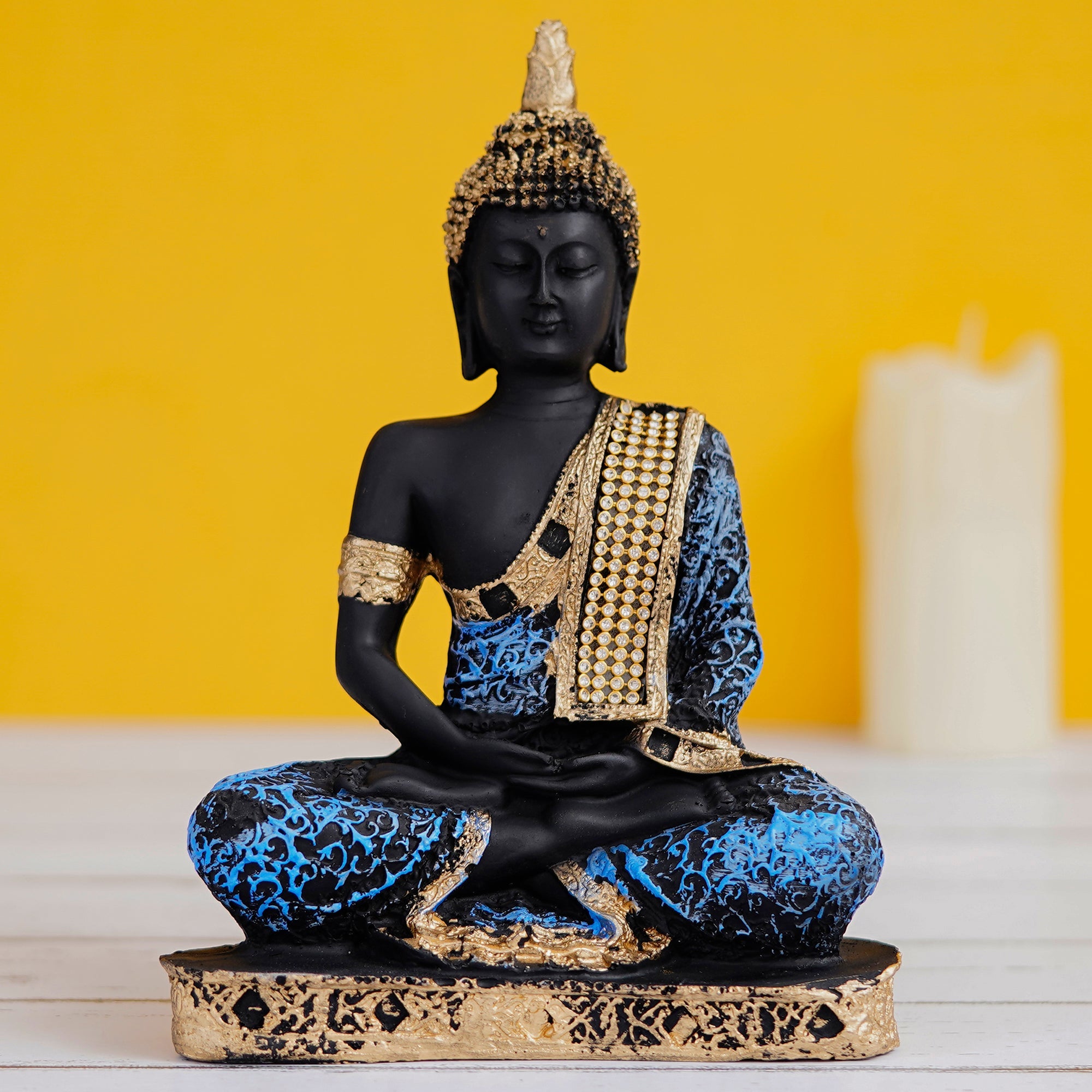 Polyresin Orange and Black Meditating Buddha Statue Kafalo