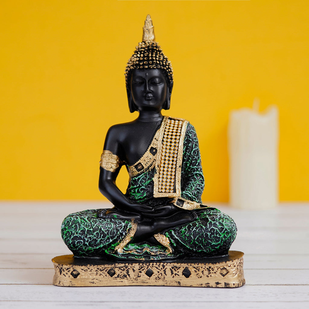 Polyresin Orange and Black Meditating Buddha Statue Kafalo