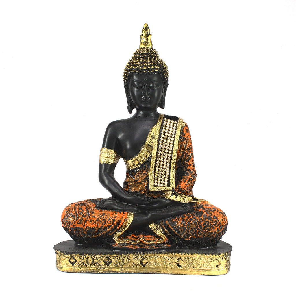 Polyresin Orange and Black Meditating Buddha Statue Kafalo
