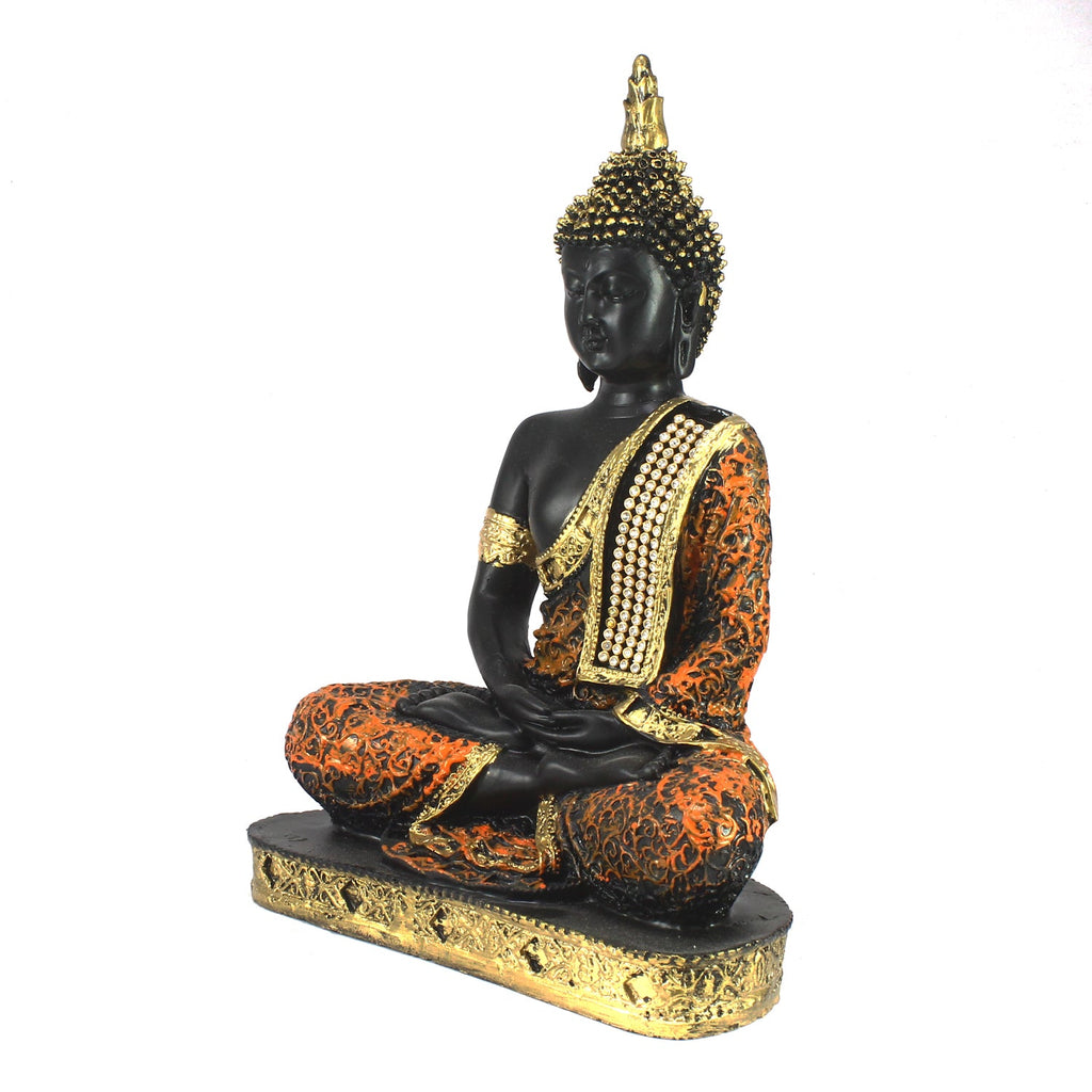 Polyresin Orange and Black Meditating Buddha Statue Kafalo