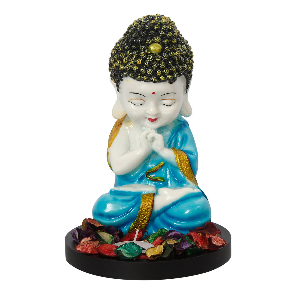 Polyresin Blue and White Praying Monk Buddha Statue with Wooden Base, Fragranced Petals and Tealight Kafalo