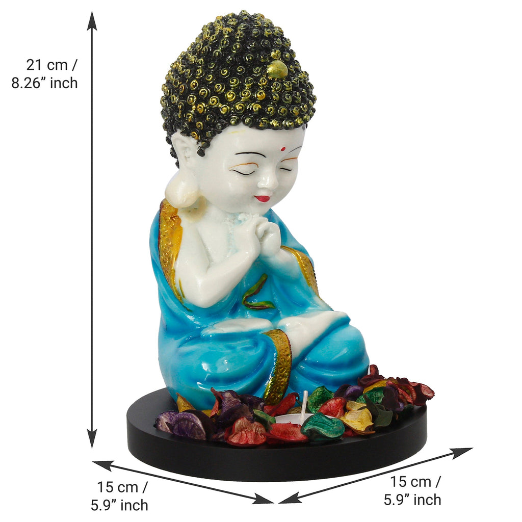 Polyresin Blue and White Praying Monk Buddha Statue with Wooden Base, Fragranced Petals and Tealight Kafalo