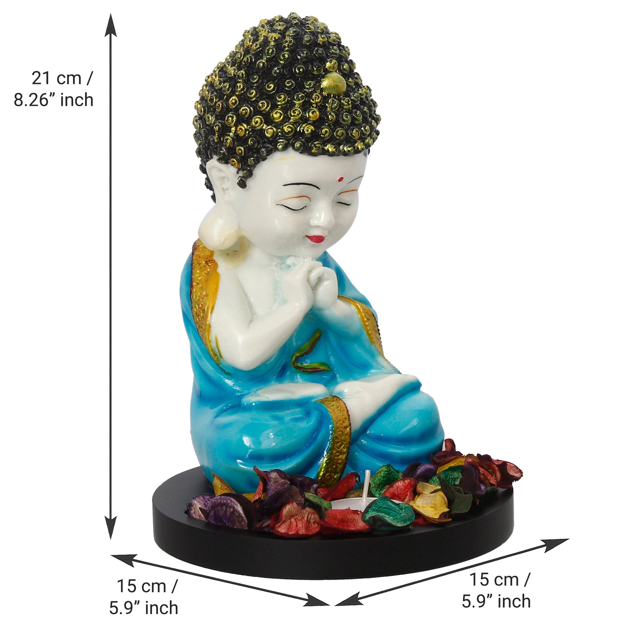 Polyresin Blue and White Praying Monk Buddha Statue with Wooden Base, Fragranced Petals and Tealight Kafalo