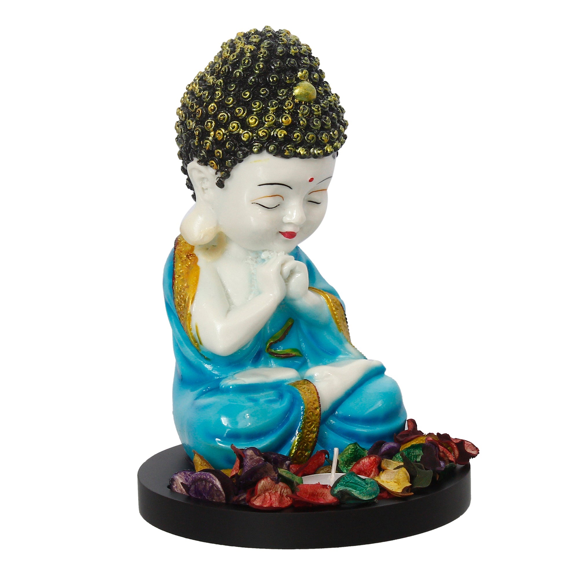 Polyresin Blue and White Praying Monk Buddha Statue with Wooden Base, Fragranced Petals and Tealight Kafalo