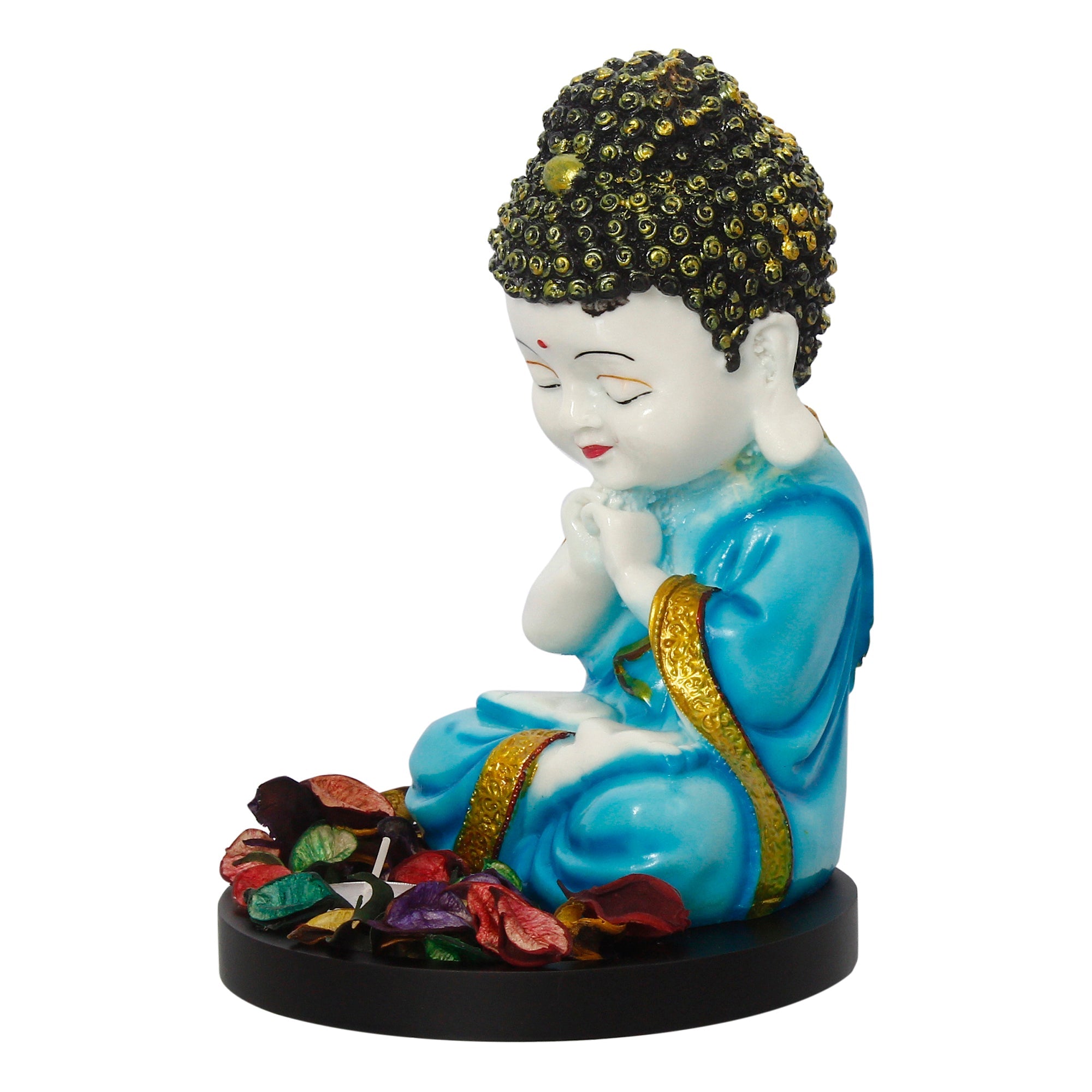 Polyresin Blue and White Praying Monk Buddha Statue with Wooden Base, Fragranced Petals and Tealight Kafalo