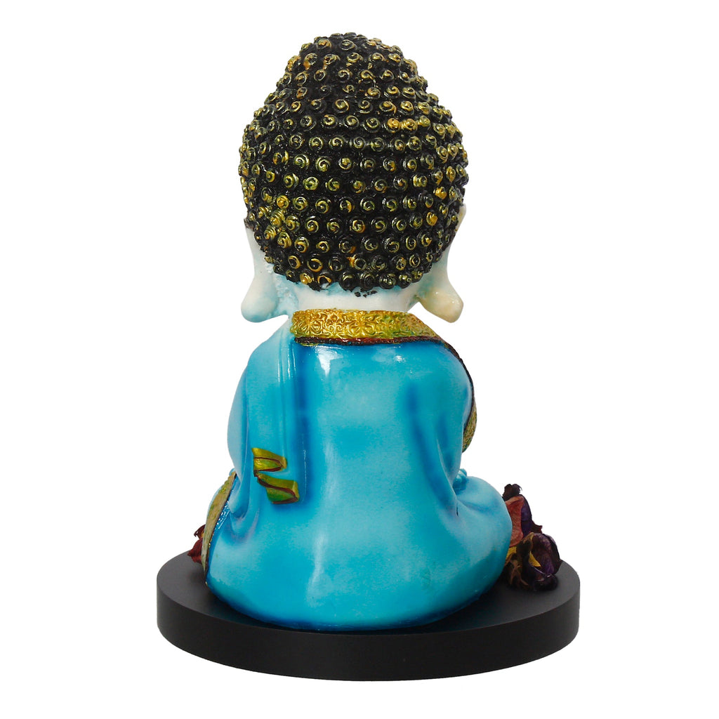 Polyresin Blue and White Praying Monk Buddha Statue with Wooden Base, Fragranced Petals and Tealight Kafalo