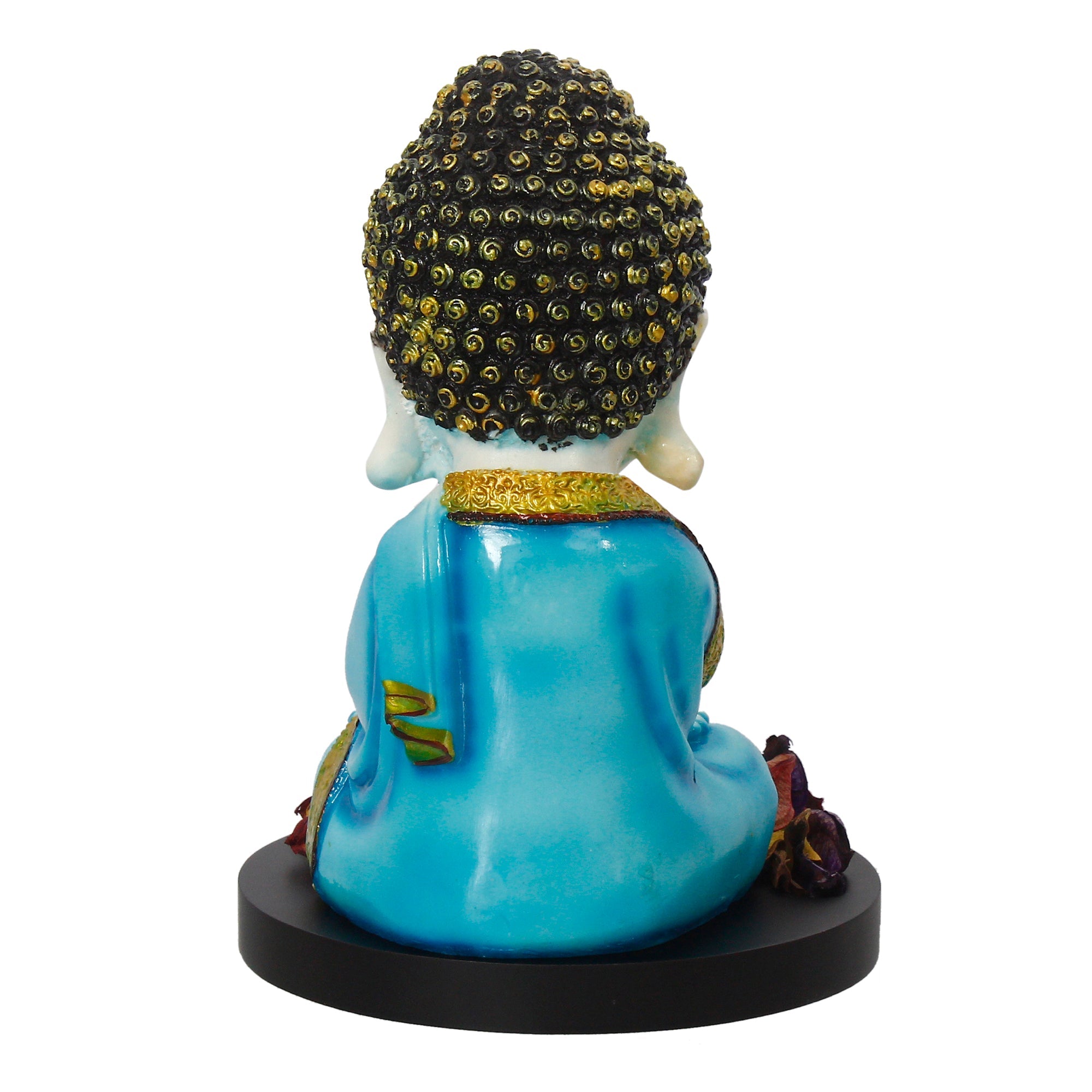 Polyresin Blue and White Praying Monk Buddha Statue with Wooden Base, Fragranced Petals and Tealight Kafalo