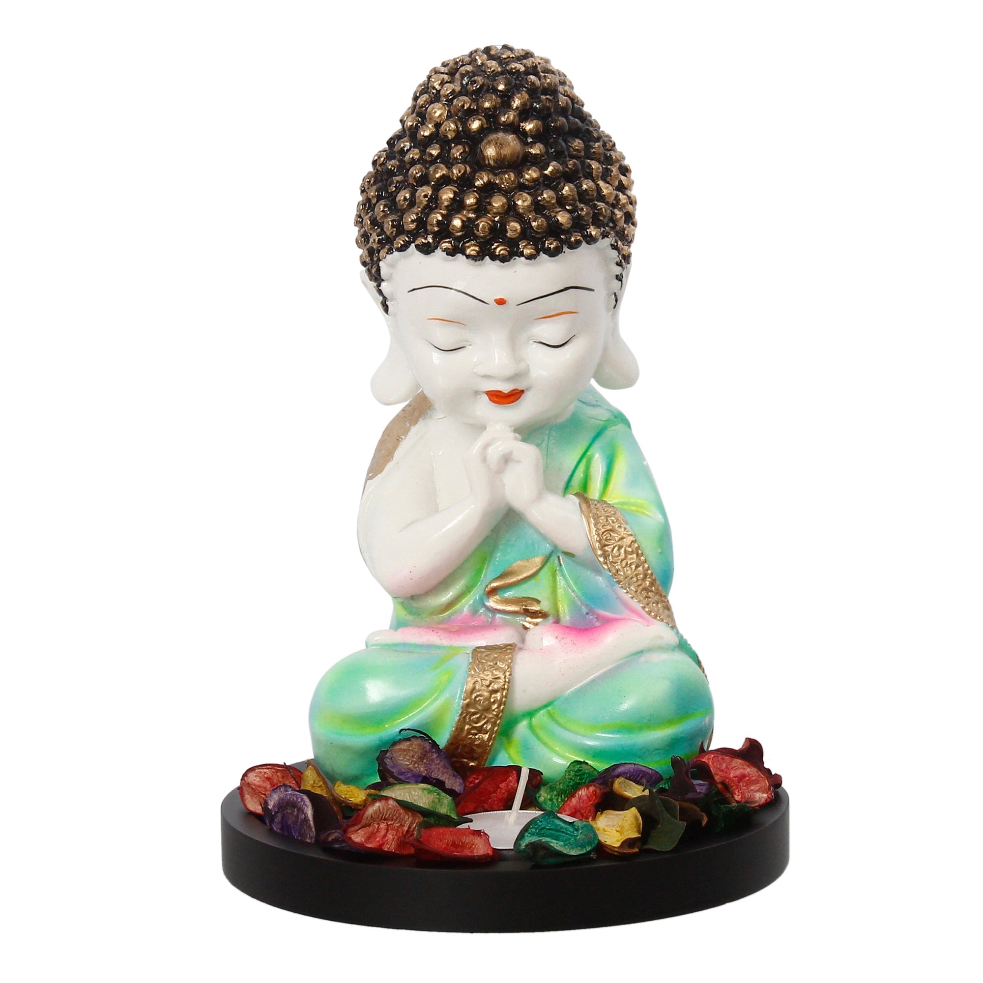 Polyresin Green and White Praying Monk Buddha Statue with Wooden Base, Fragranced Petals and Tealight Kafalo