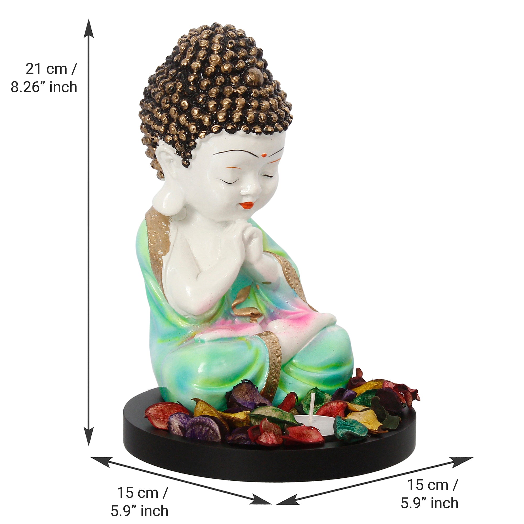 Polyresin Green and White Praying Monk Buddha Statue with Wooden Base, Fragranced Petals and Tealight Kafalo