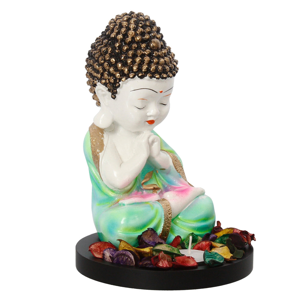 Polyresin Green and White Praying Monk Buddha Statue with Wooden Base, Fragranced Petals and Tealight Kafalo