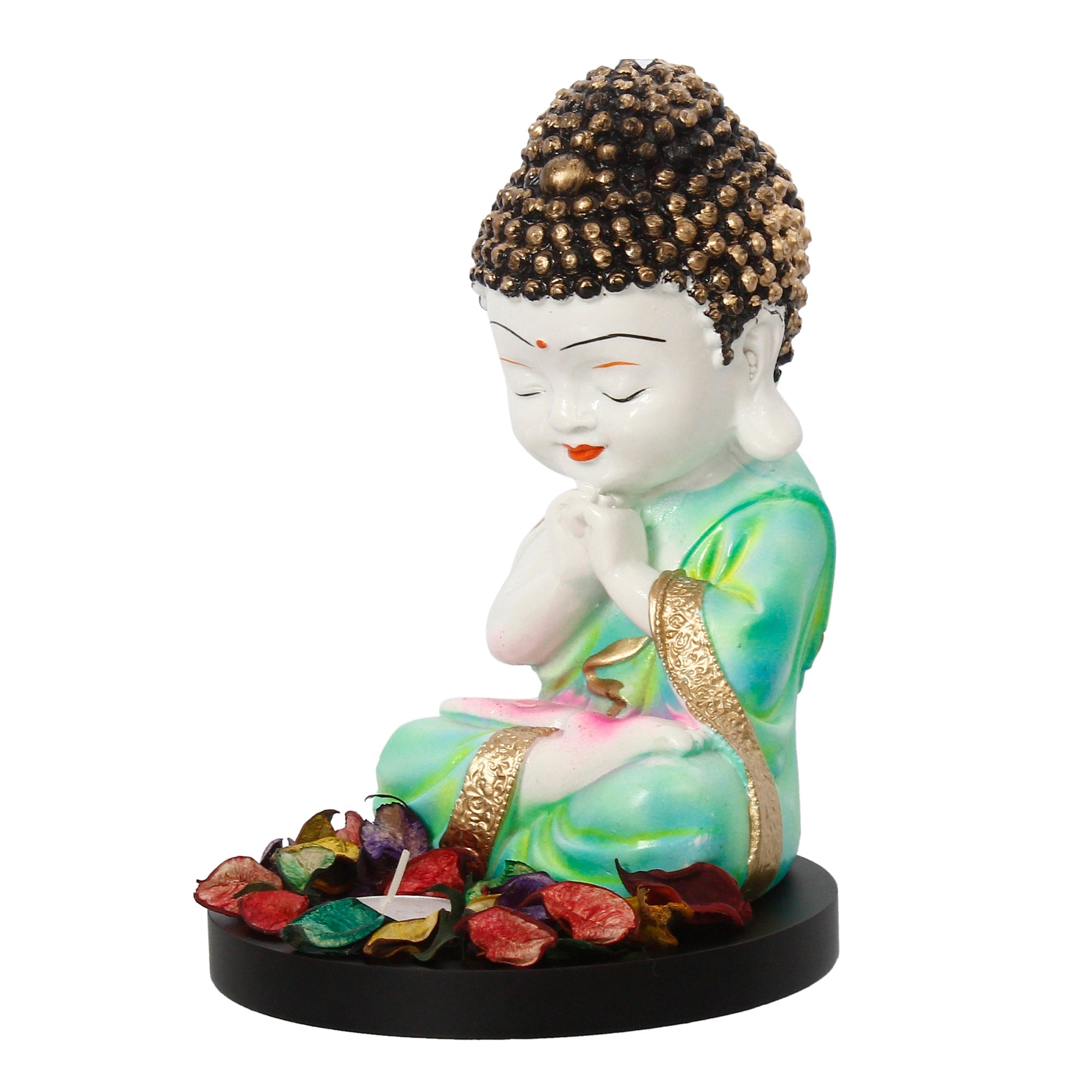 Polyresin Green and White Praying Monk Buddha Statue with Wooden Base, Fragranced Petals and Tealight Kafalo
