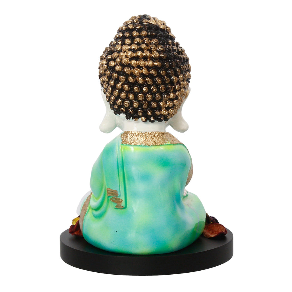 Polyresin Green and White Praying Monk Buddha Statue with Wooden Base, Fragranced Petals and Tealight Kafalo