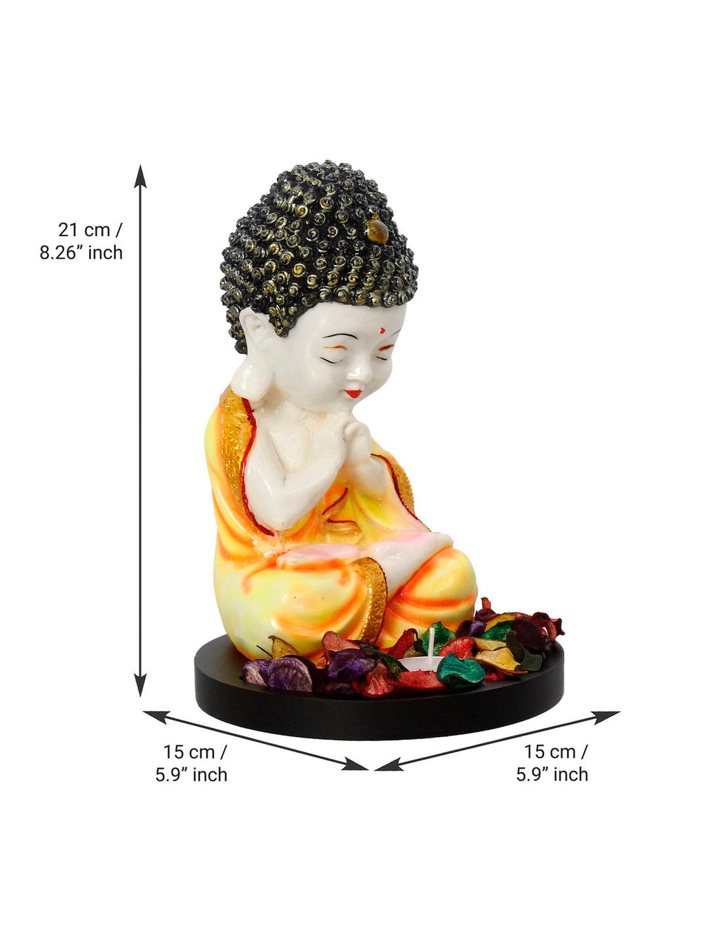 Polyresin Yellow and White Praying Monk Buddha Idol with Wooden Base, Fragranced Petals and Tealight Kafalo