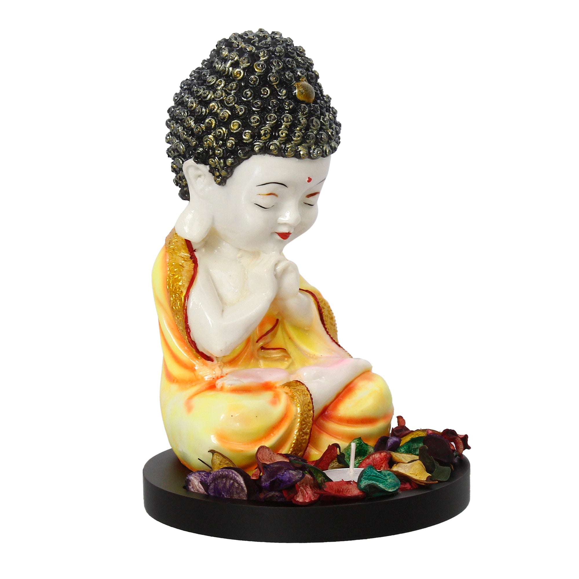 Polyresin Yellow and White Praying Monk Buddha Idol with Wooden Base, Fragranced Petals and Tealight Kafalo