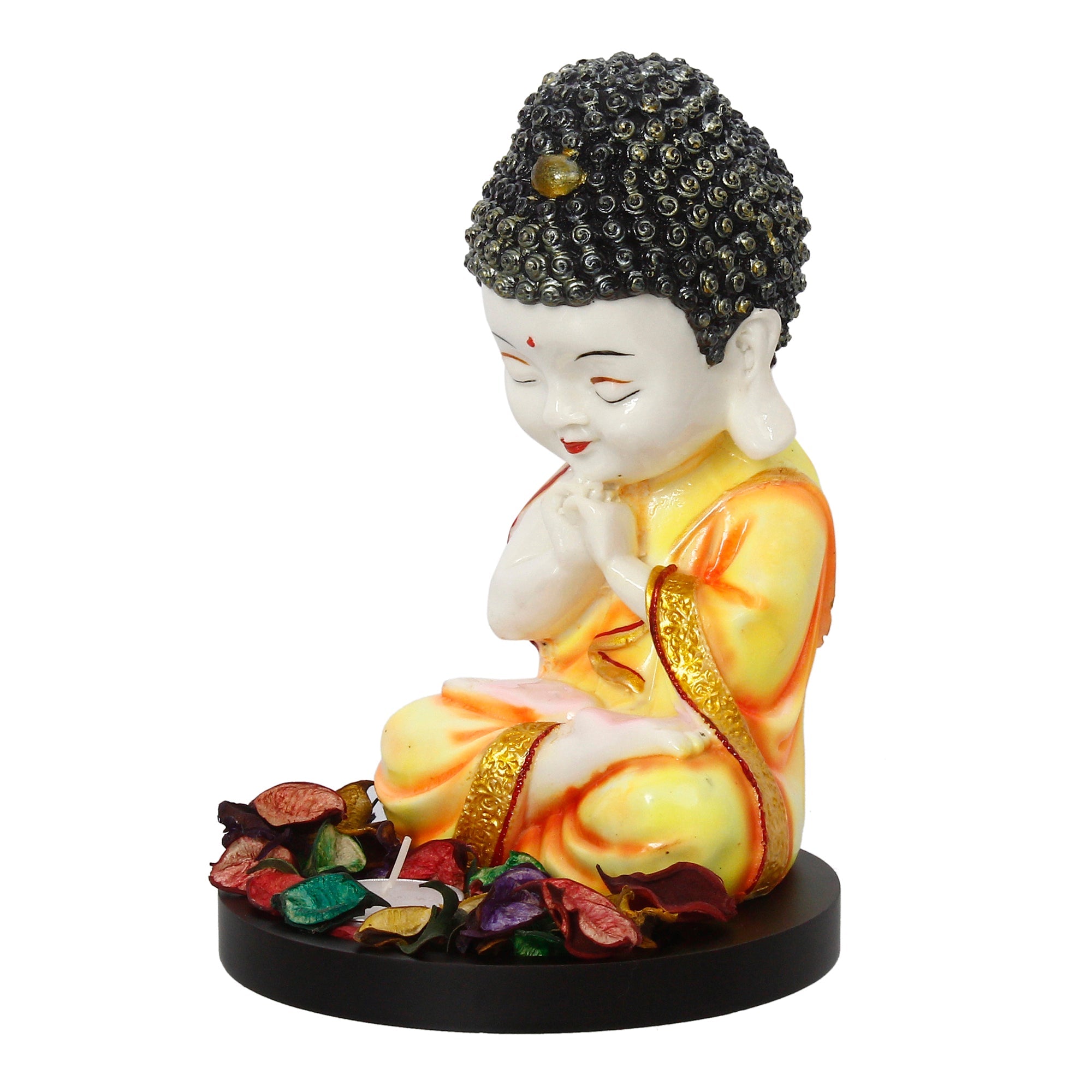 Polyresin Yellow and White Praying Monk Buddha Idol with Wooden Base, Fragranced Petals and Tealight Kafalo