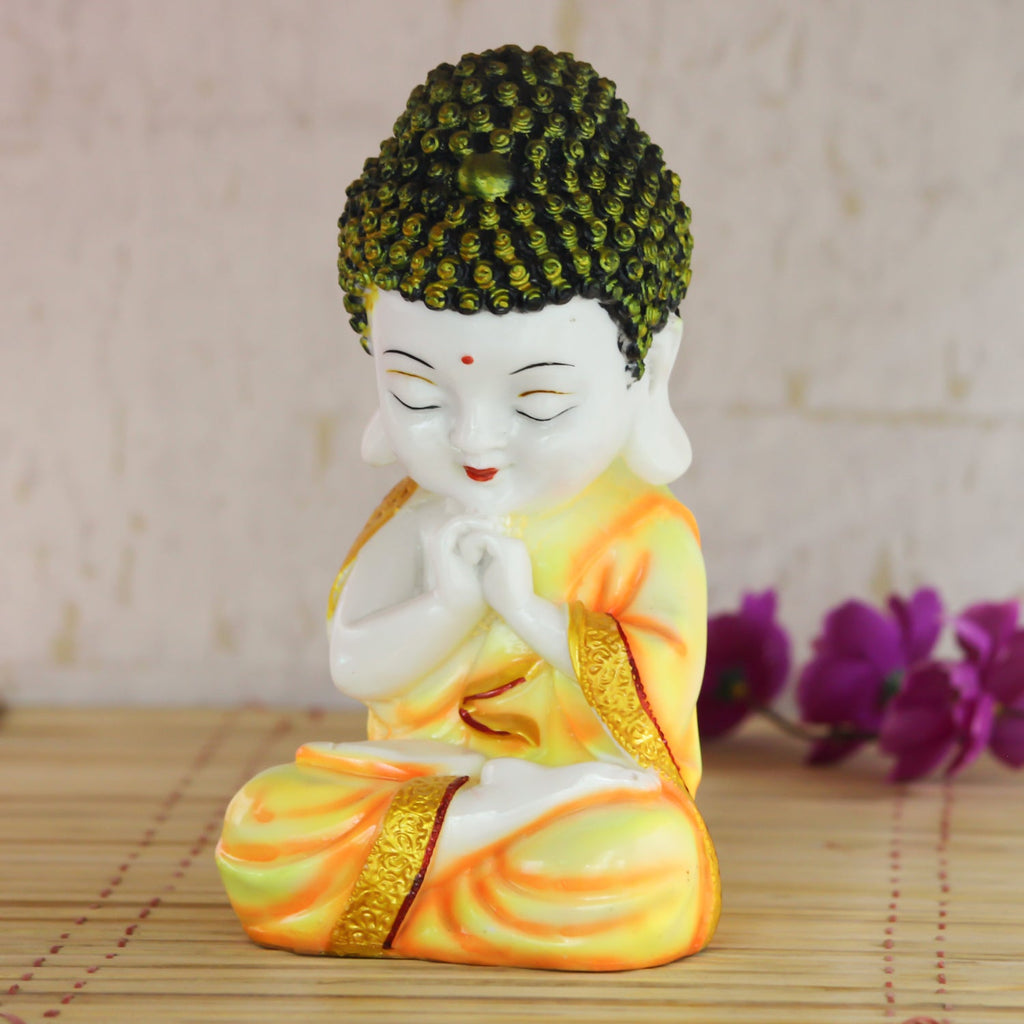 Polyresin Yellow and White Praying Monk Buddha Statue Kafalo