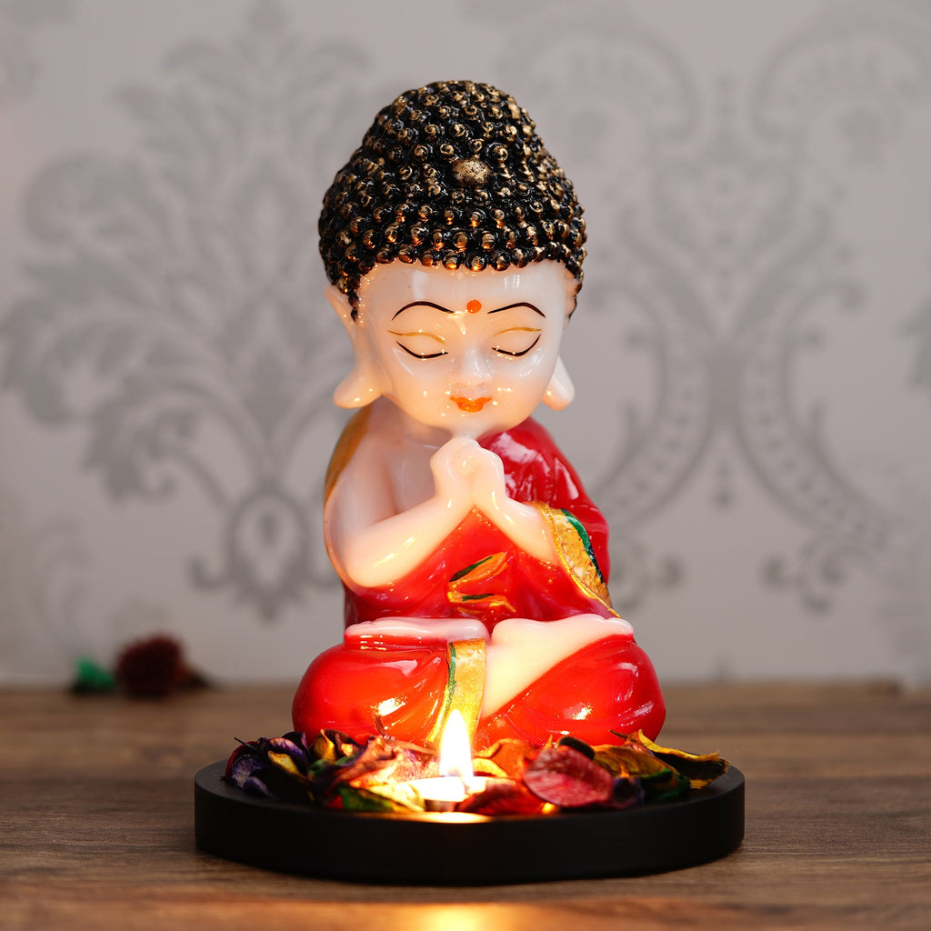 Polyresin Red and White Praying Monk Buddha Idol with Wooden Base, Fragranced Petals and Tealight Kafalo