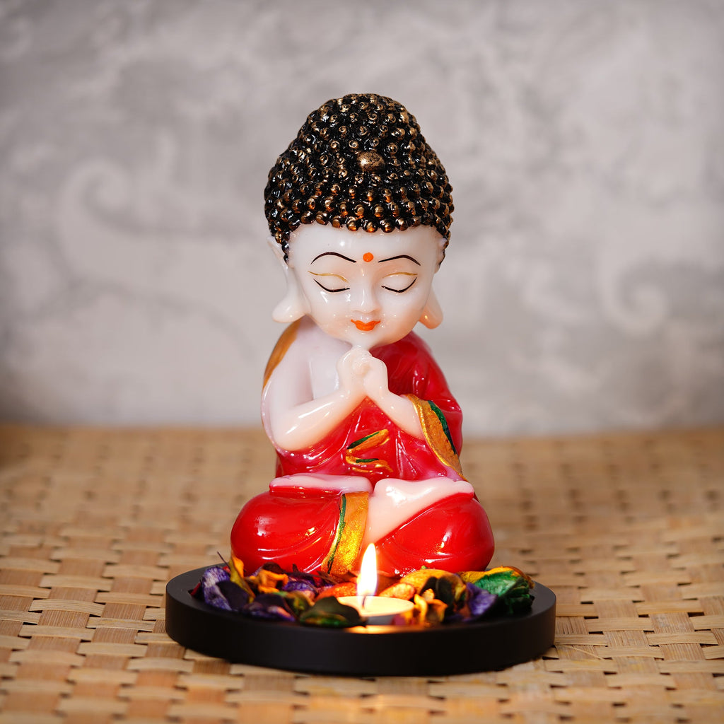 Polyresin Red and White Praying Monk Buddha Idol with Wooden Base, Fragranced Petals and Tealight Kafalo