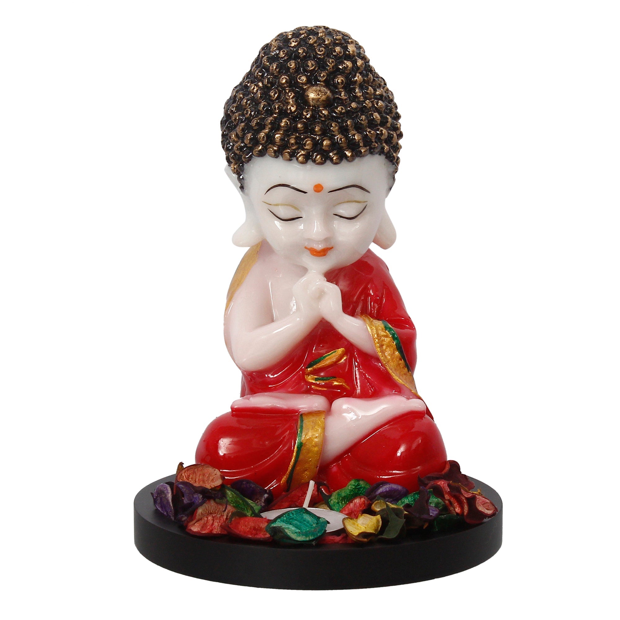 Polyresin Red and White Praying Monk Buddha Idol with Wooden Base, Fragranced Petals and Tealight Kafalo