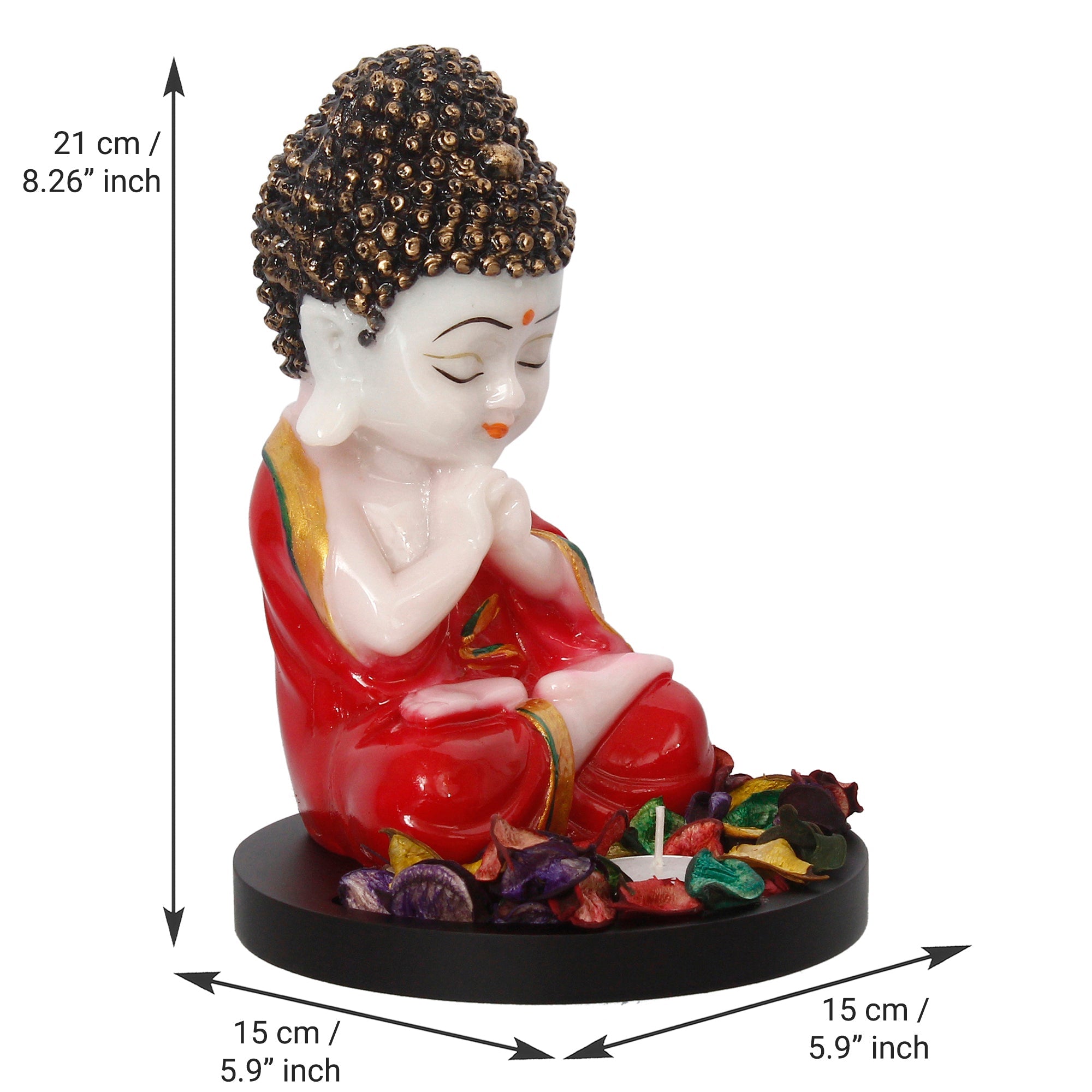 Polyresin Red and White Praying Monk Buddha Idol with Wooden Base, Fragranced Petals and Tealight Kafalo