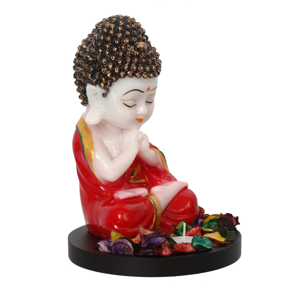 Polyresin Red and White Praying Monk Buddha Idol with Wooden Base, Fragranced Petals and Tealight Kafalo