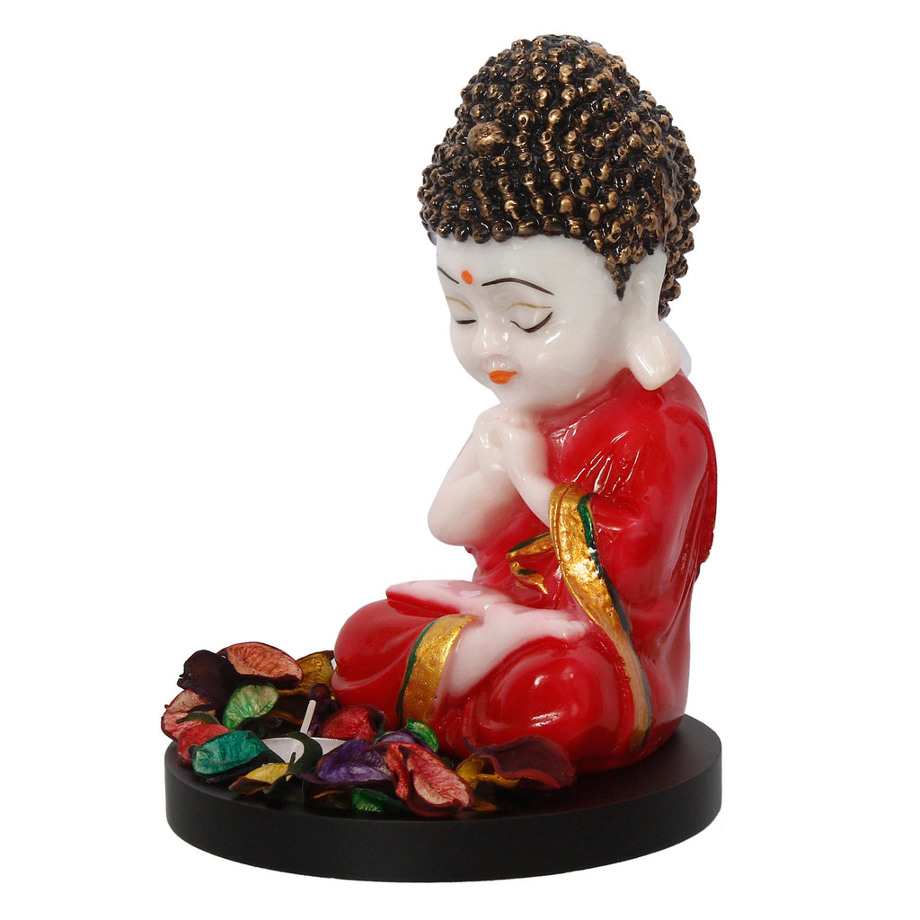 Polyresin Red and White Praying Monk Buddha Idol with Wooden Base, Fragranced Petals and Tealight Kafalo