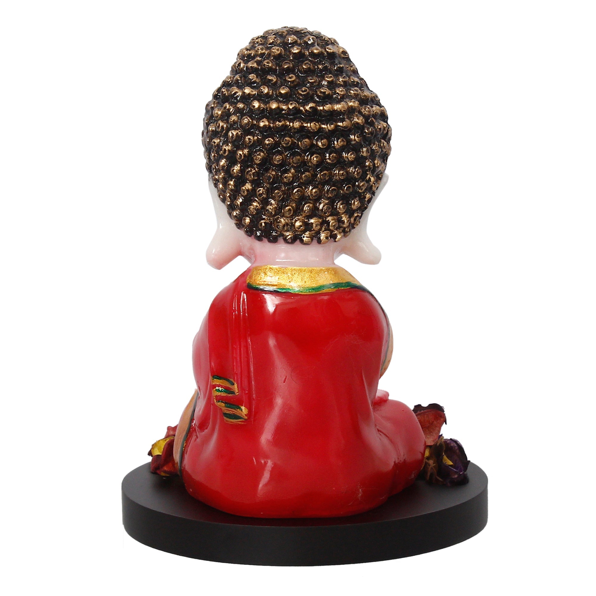 Polyresin Red and White Praying Monk Buddha Idol with Wooden Base, Fragranced Petals and Tealight Kafalo