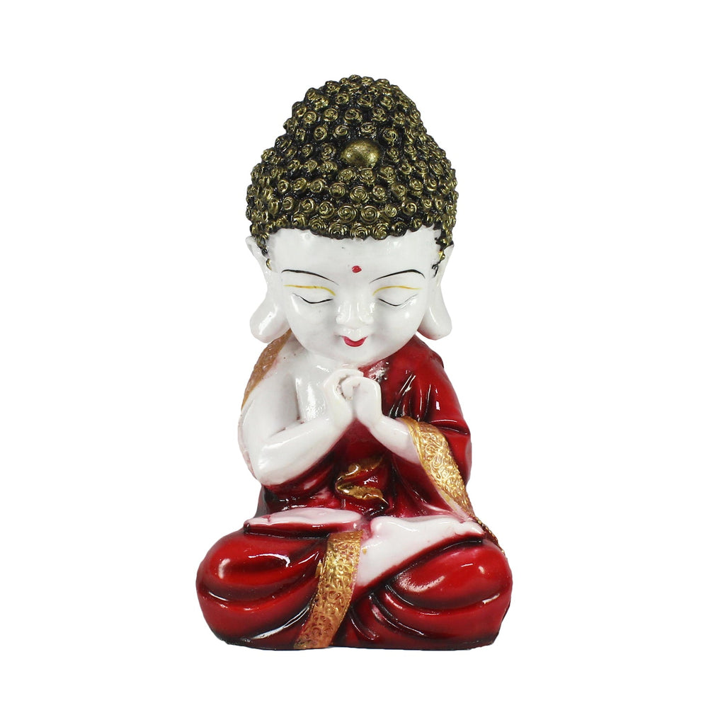 Polyresin Red and White Praying Monk Buddha Statue with Wooden Base, Fragranced Petals and Tealight Kafalo