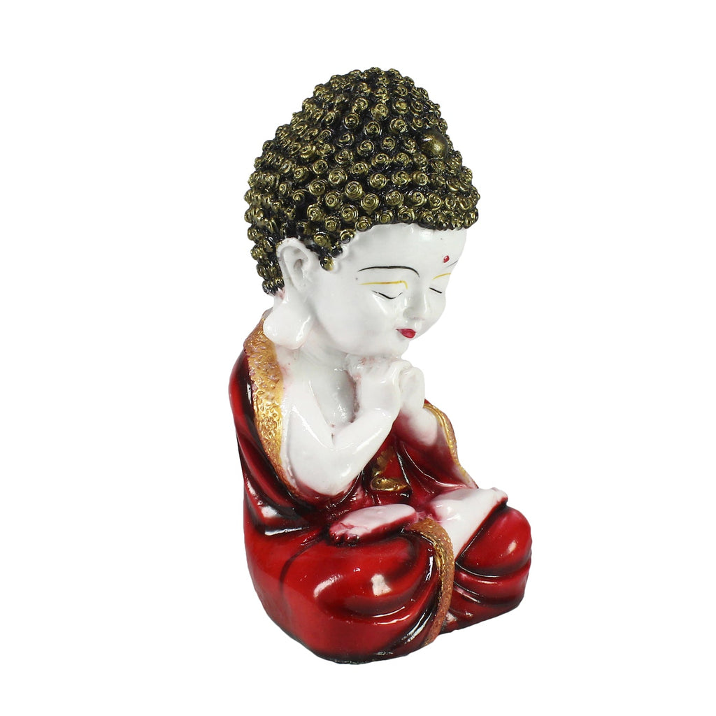 Polyresin Red and White Praying Monk Buddha Statue with Wooden Base, Fragranced Petals and Tealight Kafalo