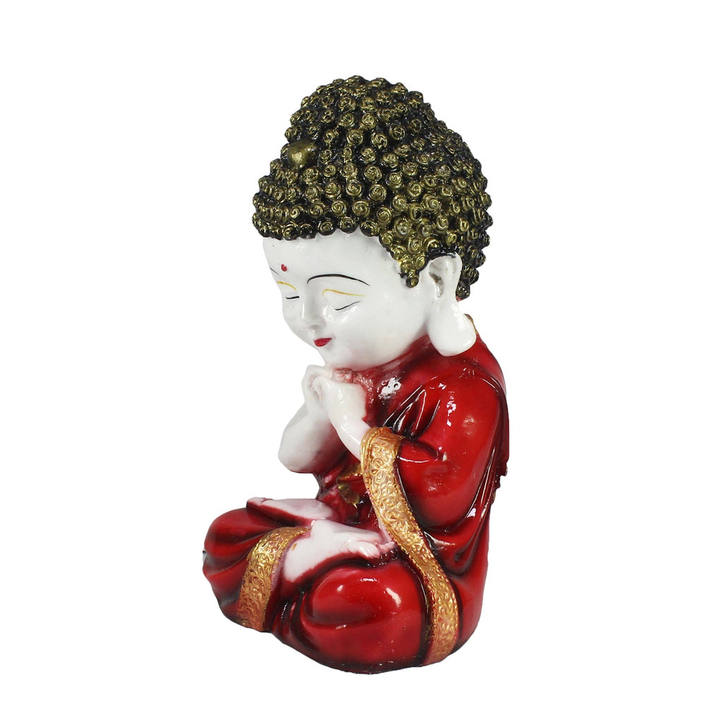 Polyresin Red and White Praying Monk Buddha Statue with Wooden Base, Fragranced Petals and Tealight Kafalo