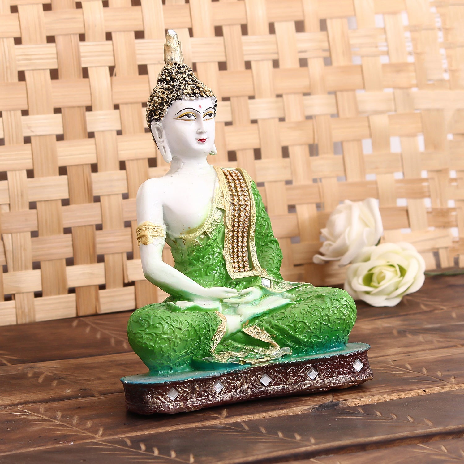 Polyresin Green and White Decorative Meditating Buddha Statue Kafalo
