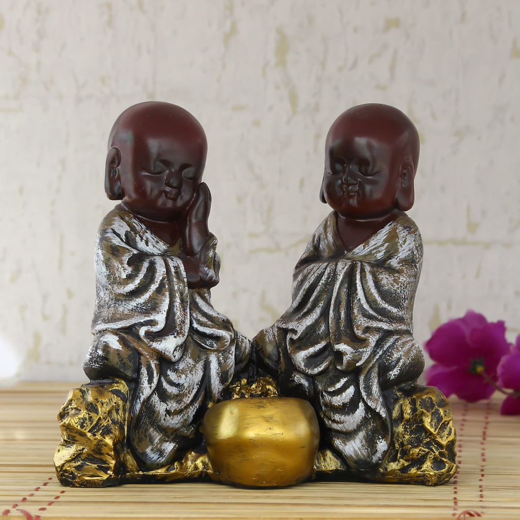 Set of 2 Brown Monks Polyresin Tealight Holder Kafalo
