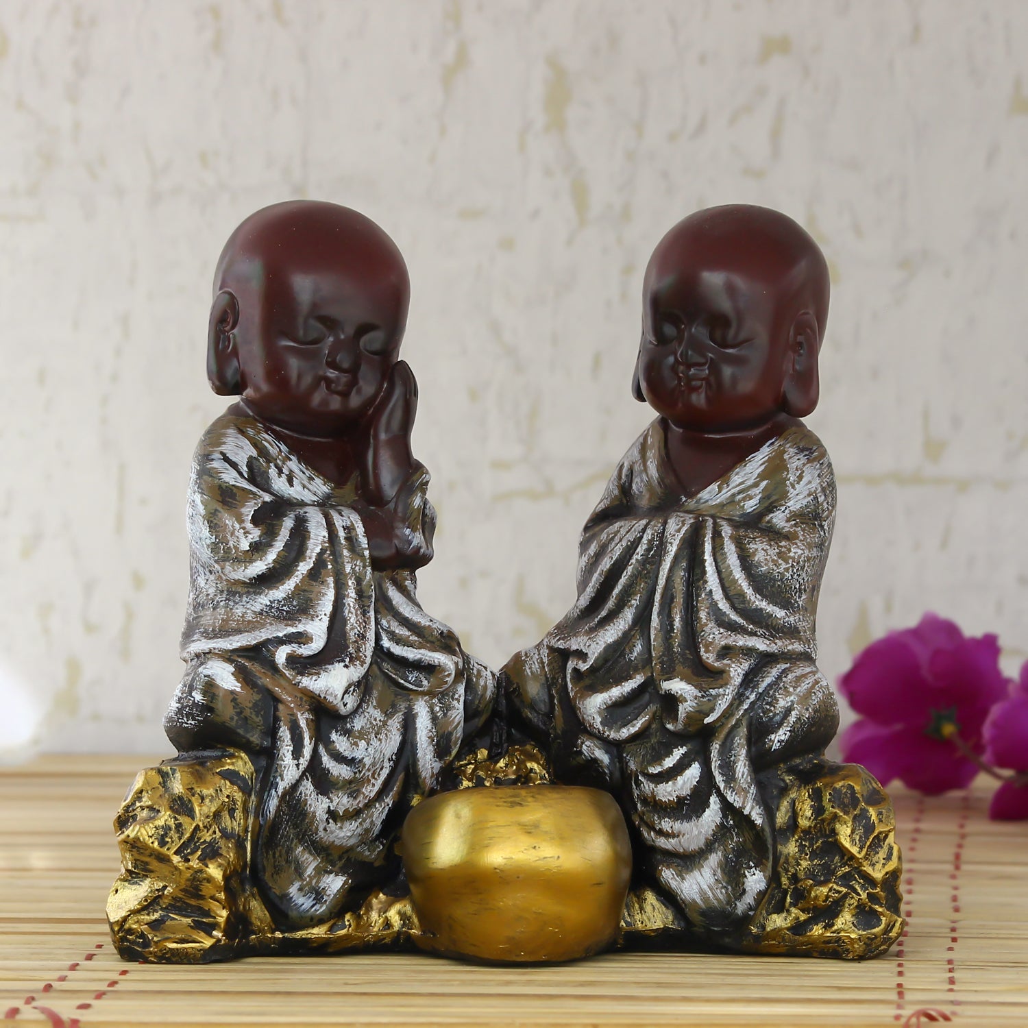 Set of 2 Brown Monks Polyresin Tealight Holder Kafalo