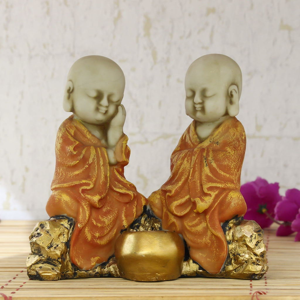 Set of 2 Orange Monks Polyresin Tealight Holder Kafalo