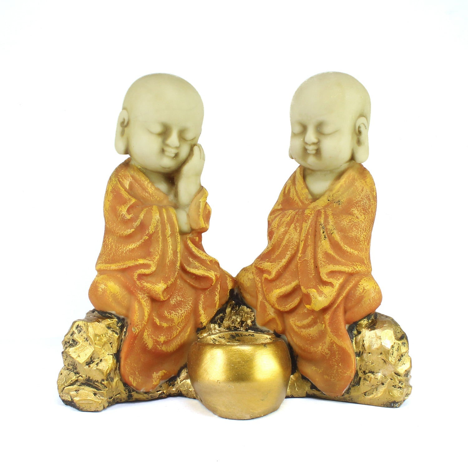 Set of 2 Orange Monks Polyresin Tealight Holder Kafalo